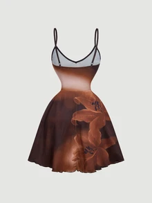 SHEIN MOD Women's Solid Color Bell Sleeve Front Knot Top And Floral Print Cami Dress Fashion 2 Pieces Set - Brown - View 12