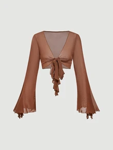 SHEIN MOD Women's Solid Color Bell Sleeve Front Knot Top And Floral Print Cami Dress Fashion 2 Pieces Set - Brown - View 9