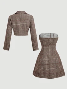 SHEIN MOD Women's Plaid Tube Dress And Long Sleeve Blazer Fashion Suit Set - Multicolor - View 7