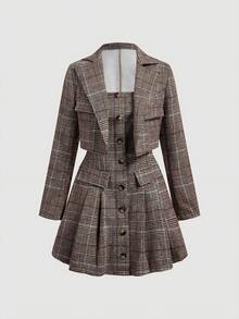 SHEIN MOD Women's Plaid Tube Dress And Long Sleeve Blazer Fashion Suit Set - Multicolor - View 2