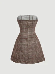 SHEIN MOD Women's Plaid Tube Dress And Long Sleeve Blazer Fashion Suit Set - Multicolor - View 11