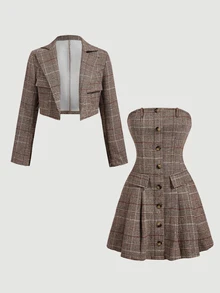 SHEIN MOD Women's Plaid Tube Dress And Long Sleeve Blazer Fashion Suit Set - Multicolor - View 6