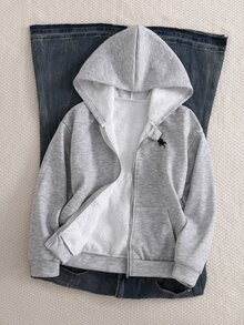 SHEIN Sparklyn 秋冬女款保暖內裡連帽拉鍊印花夾克，街頭風混搭，防寒針織面料，適合秋冬穿著 - 灰色 - 查看 6