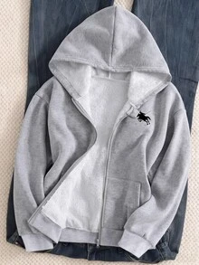 SHEIN Sparklyn 秋冬女款保暖內裡連帽拉鍊印花夾克，街頭風混搭，防寒針織面料，適合秋冬穿著 - 灰色 - 查看 1