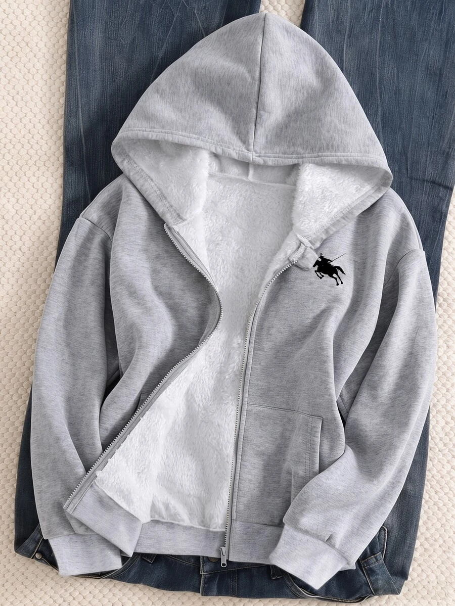 SHEIN Sparklyn 秋冬女款保暖內裡連帽拉鍊印花夾克,街頭風混搭,防寒針織面料,適合秋冬穿著 - 灰色 - 查看 1