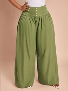 Brilight High Front Gathered Wide Leg Pants Loose Flowy Palazzo Trousers For Vacation Brunch Holiday Casual Elegant Office Tea Party Work Olive Green Fall - Army Green - View 8