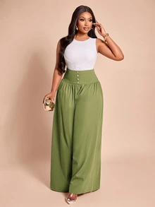 Brilight High Front Gathered Wide Leg Pants Loose Flowy Palazzo Trousers For Vacation Brunch Holiday Casual Elegant Office Tea Party Work Olive Green Fall - Army Green - View 4