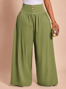 Brilight High Front Gathered Wide Leg Pants Loose Flowy Palazzo Trousers For Vacation Brunch Holiday Casual Elegant Office Tea Party Work Olive Green Fall - Army Green - View 9
