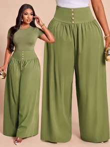 Brilight High Front Gathered Wide Leg Pants Loose Flowy Palazzo Trousers For Vacation Brunch Holiday Casual Elegant Office Tea Party Work Olive Green Fall - Army Green - View 5