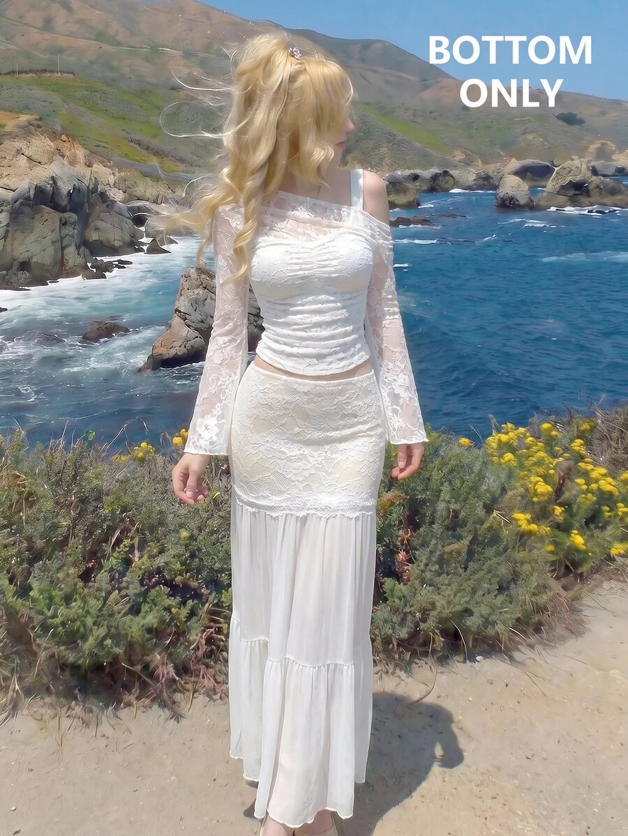 SHEIN MOD 女款蕾絲拼接百褶休閒日常裙 - 白色 - 查看 1