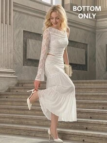 SHEIN MOD 女款蕾絲拼接百褶休閒日常裙 - 白色 - 查看 3
