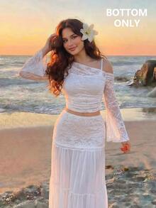 SHEIN MOD 女款蕾絲拼接百褶休閒日常裙 - 白色 - 查看 5