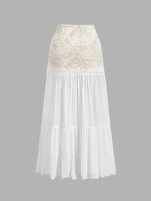 SHEIN MOD 女款蕾絲拼接百褶休閒日常裙 - 白色 - 查看 4