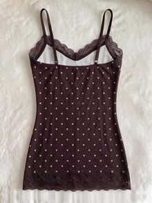 IslaSuriya Women's Lace Patchwork Fitted Polka Dot Print Camisole - Coffee Brown - View 3