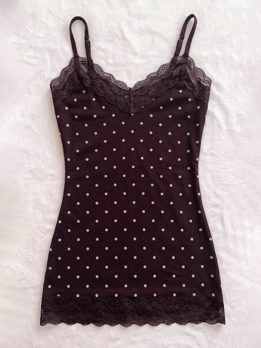 IslaSuriya Women's Lace Patchwork Fitted Polka Dot Print Camisole - Coffee Brown - View 1
