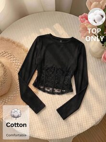 SHEIN MOD Kaos Lengan Panjang Hitam dengan Potongan Renda di Pinggang - Hitam - View 4