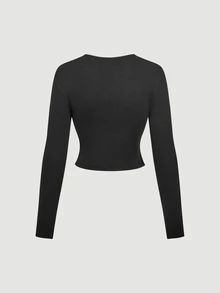 SHEIN MOD Kaos Lengan Panjang Hitam dengan Potongan Renda di Pinggang - Hitam - View 3