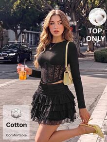 SHEIN MOD Kaos Lengan Panjang Hitam dengan Potongan Renda di Pinggang - Hitam - View 2