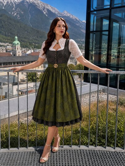 Fairmaia German Traditional Plus Size Women's Square Neck Sleeveless Dirndl Dress Oktoberfest Wedding Black Olive Green Summer