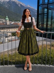 Fairmaia 德國傳統大尺碼女款方領無袖Dirndl洋裝，黑色橄欖綠夏季文化風，適用慕尼黑啤酒節、婚禮、泰國度假正式場合 - 綠色 - 查看 6