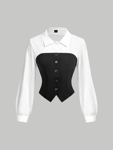 SHEIN MOD Black & White Tube Top 2 In 1 Shirt & Suit Pants Set - Black and White - View 9