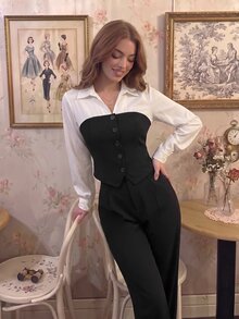 SHEIN MOD Black & White Tube Top 2 In 1 Shirt & Suit Pants Set - Black and White - View 5