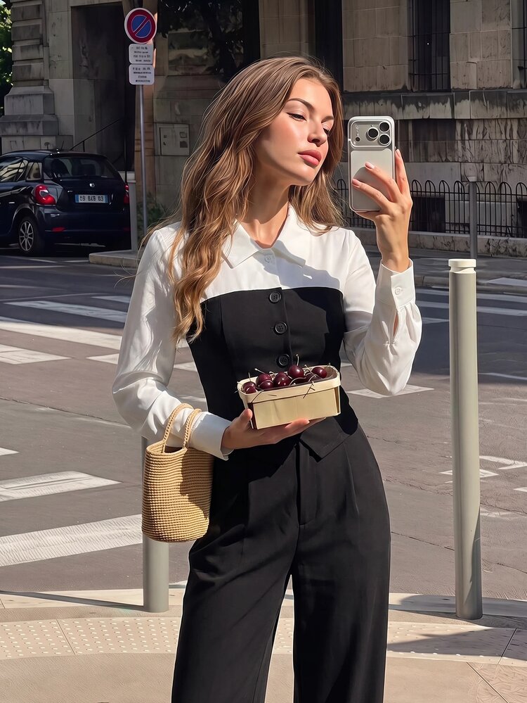 SHEIN MOD 黑白配色 2 合 1 抹胸上衣與西裝長褲套裝 - 黑與白 - 查看 3