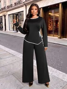 Brilight Contrast Trim Side Drawstring Long Sleeve Top Wide Leg Pants 2 Pieces Outfit Loose Casual Elegant Loungewea Brunch Tea Party Black Autumn - Black - View 3