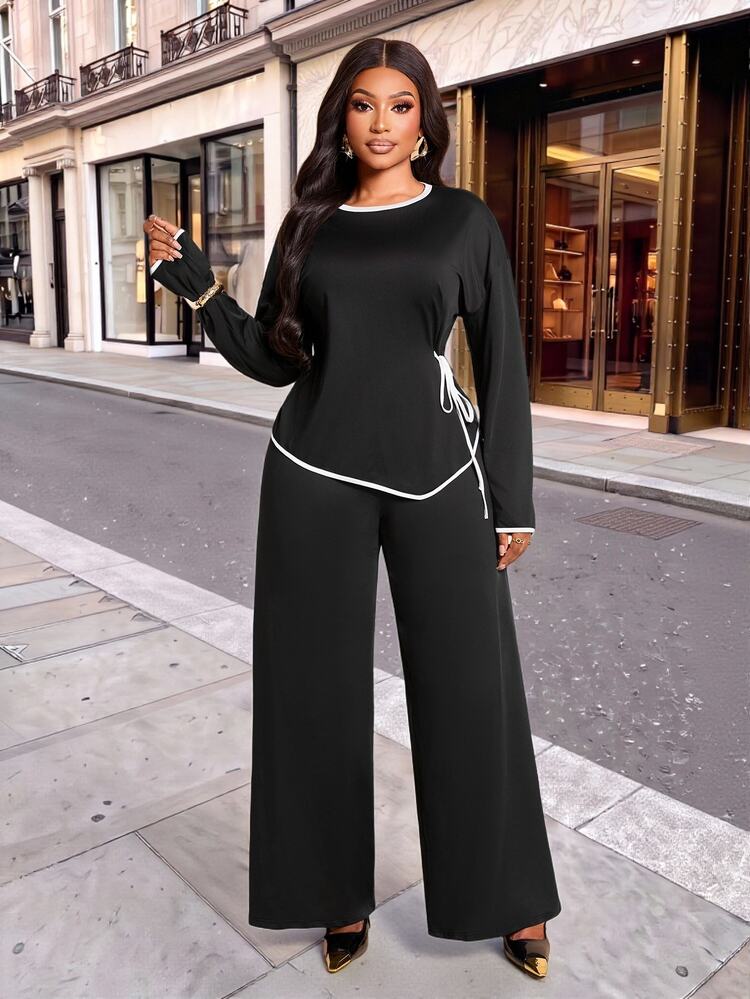 Brilight Contrast Trim Side Drawstring Long Sleeve Top Wide Leg Pants 2 Pieces Outfit Loose Casual Elegant Loungewea Brunch Tea Party Black Autumn - Black - View 3