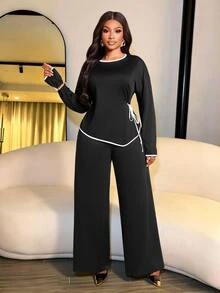 Brilight Contrast Trim Side Drawstring Long Sleeve Top Wide Leg Pants 2 Pieces Outfit Loose Casual Elegant Loungewea Brunch Tea Party Black Autumn - Black - View 1