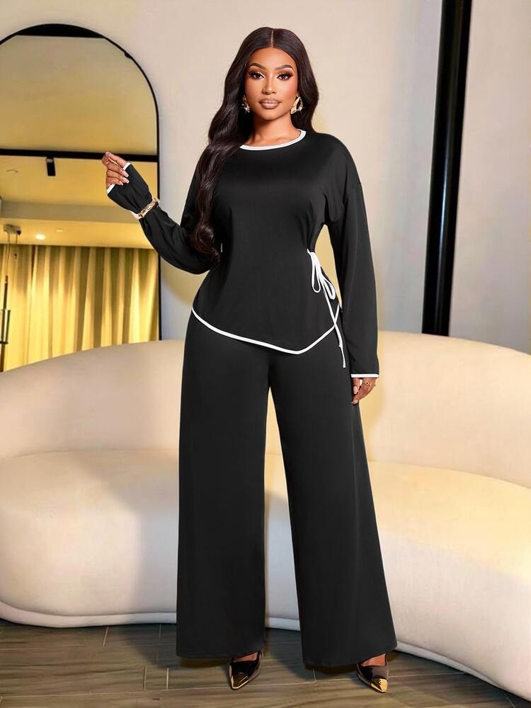 Brilight Contrast Trim Side Drawstring Long Sleeve Top Wide Leg Pants 2 Pieces Outfit Loose Casual Elegant Loungewea Brunch Tea Party Black Autumn - Black - View 1