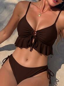 Swim Basics Women's Solid Color Swimwear Set For Vacation & Beach - Brown - View 5