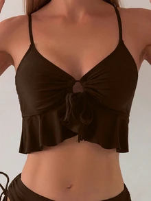 Swim Basics Women's Solid Color Swimwear Set For Vacation & Beach - Brown - View 3
