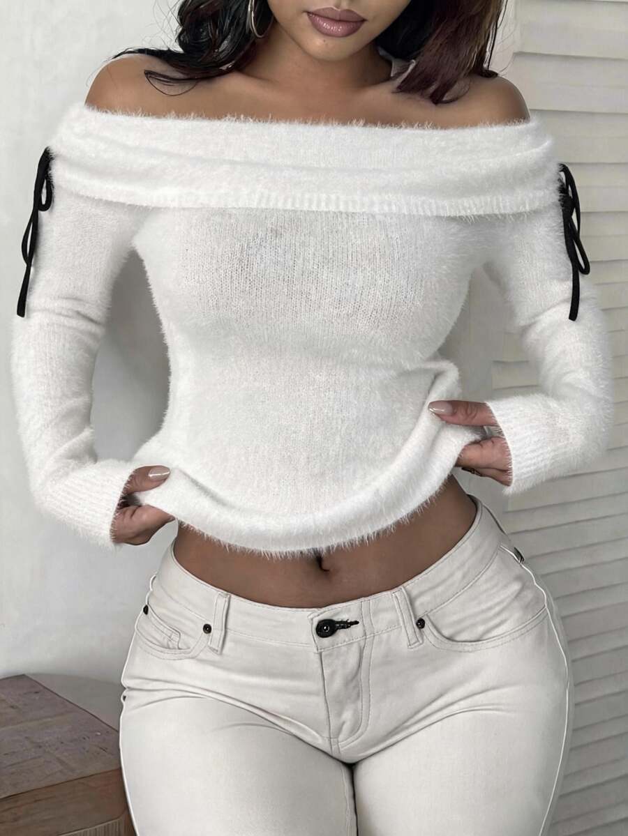 BamGleam Off Shoulder Fuzzy Knit Crop Sweater,Long Sleeve With Tie Details Slim Fit Sweet Versatile Sweater For Autumn Winter