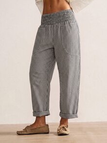 Bohemela Women's Plaid Waist Gathered Casual Tapered Long Pants - Black and White - View 3