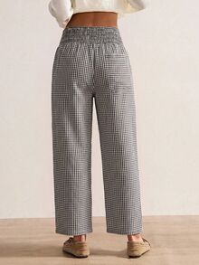 Bohemela Women's Plaid Waist Gathered Casual Tapered Long Pants - Black and White - View 2