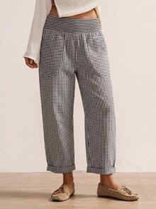 Bohemela Women's Plaid Waist Gathered Casual Tapered Long Pants - Black and White - View 1