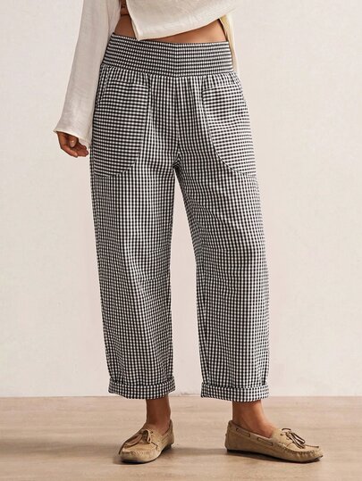 Bohemela Women's Plaid Waist Gathered Casual Tapered Long Pants
