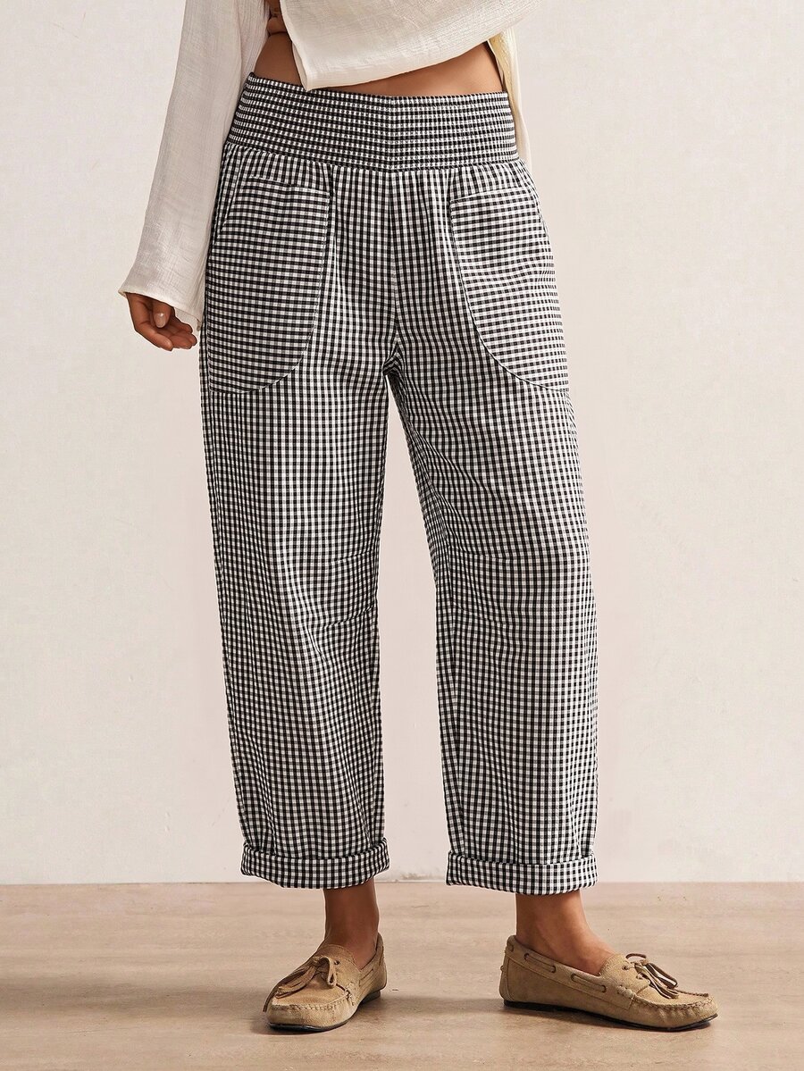 Bohemela Women's Plaid Waist Gathered Casual Tapered Long Pants - Black and White - View 1