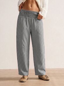 Bohemela Women's Plaid Waist Gathered Casual Tapered Long Pants - Black and White - View 5