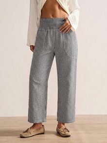 Bohemela Women's Plaid Waist Gathered Casual Tapered Long Pants - Black and White - View 7