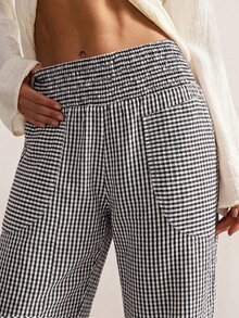 Bohemela Women's Plaid Waist Gathered Casual Tapered Long Pants - Black and White - View 4
