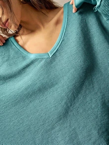 Bohemela Sweatshirt Wanita Kasual Warna Polos Leher V Lengan Panjang Longgar dengan Desain Washed untuk Musim Gugur dan Musim Dingin - Hijau - View 8