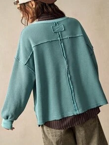 Bohemela Sweatshirt Wanita Kasual Warna Polos Leher V Lengan Panjang Longgar dengan Desain Washed untuk Musim Gugur dan Musim Dingin - Hijau - View 6