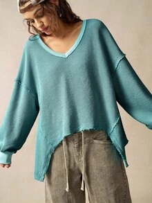 Bohemela Sweatshirt Wanita Kasual Warna Polos Leher V Lengan Panjang Longgar dengan Desain Washed untuk Musim Gugur dan Musim Dingin - Hijau - View 5