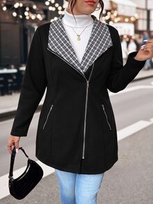 Linhara Jaket Lengan Panjang Wanita Ukuran Besar Kasual Motif Kotak-kotak Patchwork, Kerah Berresleting, Saku Depan Penuh, Hangat untuk Musim Semi, Gugur, dan Musim Dingin - Hitam - View 1