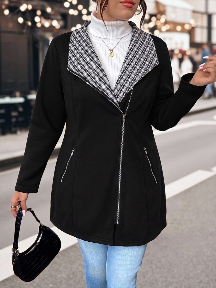 Linhara Jaket Lengan Panjang Wanita Ukuran Besar Kasual Motif Kotak-kotak Patchwork, Kerah Berresleting, Saku Depan Penuh, Hangat untuk Musim Semi, Gugur, dan Musim Dingin - Hitam - View 1
