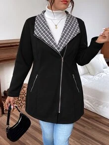 Linhara Jaket Lengan Panjang Wanita Ukuran Besar Kasual Motif Kotak-kotak Patchwork, Kerah Berresleting, Saku Depan Penuh, Hangat untuk Musim Semi, Gugur, dan Musim Dingin - Hitam - View 6