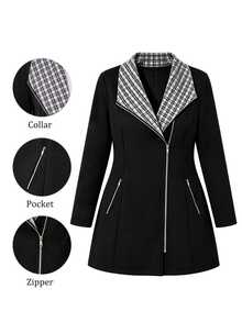 Linhara Jaket Lengan Panjang Wanita Ukuran Besar Kasual Motif Kotak-kotak Patchwork, Kerah Berresleting, Saku Depan Penuh, Hangat untuk Musim Semi, Gugur, dan Musim Dingin - Hitam - View 3
