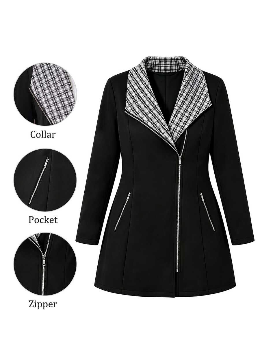Linhara Casual Patchwork Plaid Plus Size Collar Zip-Up Full-Front Pocket Plus Size Women's Long Sleeve Jacket, Spring Autumn Winter Warm - Black - View 1